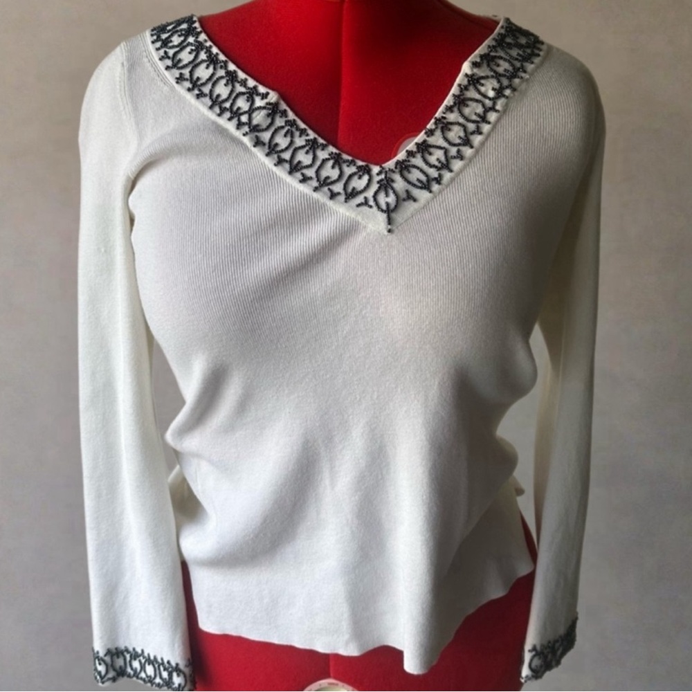 Kenar Womens size S white Sweater Beaded Round Neck